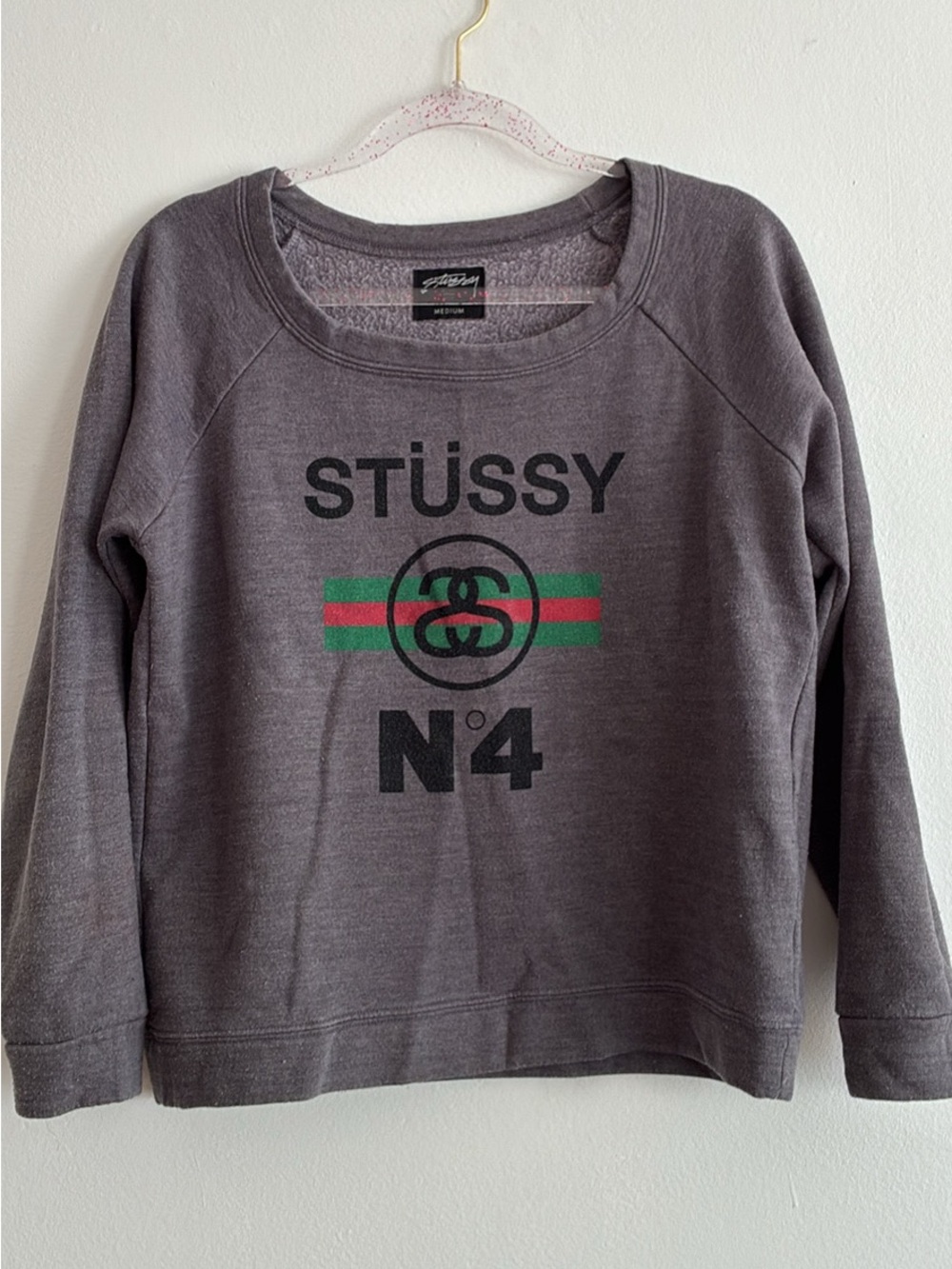 Stussy Gray Crewneck Sweatshirt with Green & Red Stripe Logo